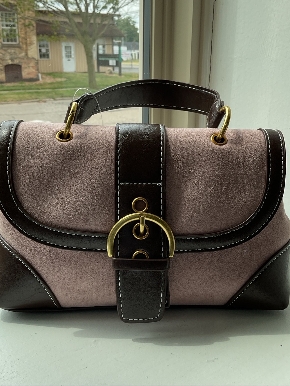 Classic Two-Tone Mauve and Dark Brown Top-Handle Bag